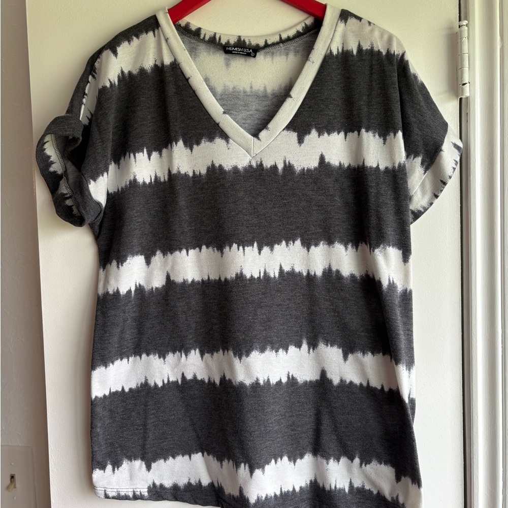 HEIMISH USA Grey and White Striped V-Neck Tee